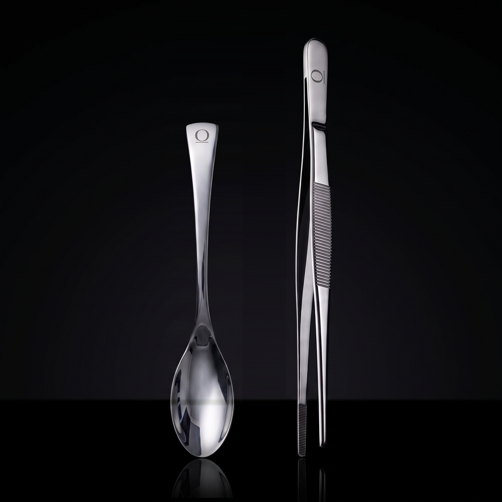 ORIVA Duo Set: Precision Tweezer (25 cm) und Rocher Spoon (20 cm) maßstabsgetreu nebeneinander auf schwarzem Hintergrund